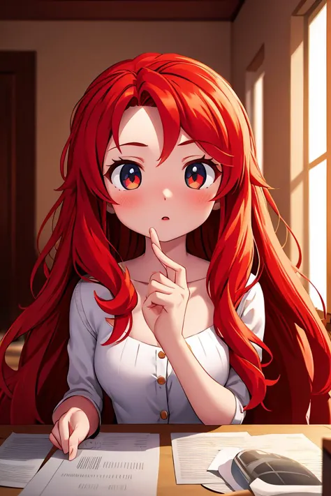 anime girl with red hair sitting at a desk with papers