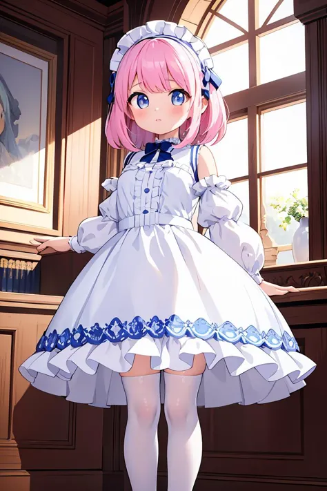 anime girl in a white dress and blue bow standing in front of a window