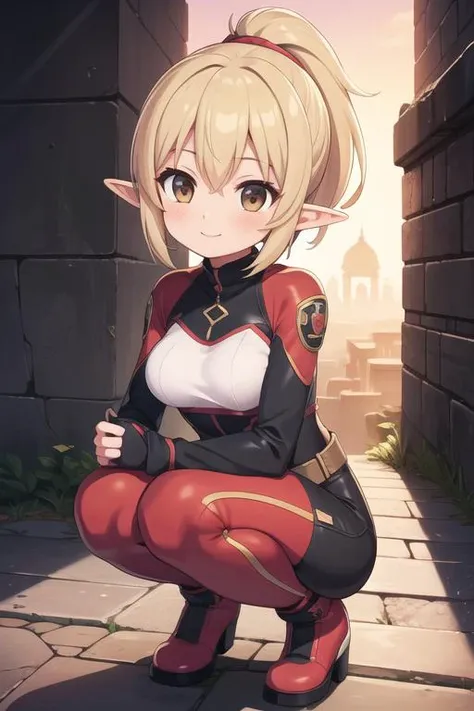 masterpiece, best quality, ultra detailed, anime style, 1girl, elf girl, squatting pose, ponytail, balayage hair, brown eyes, round shaped breasts, pilot suit, colosseum, warm, beautiful face, happy, dusk, cowboy shot