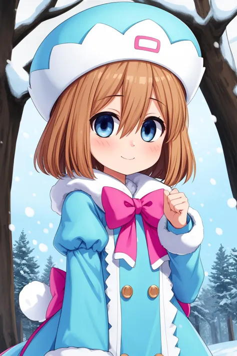 anime girl in winter clothes with a pink bow and blue coat