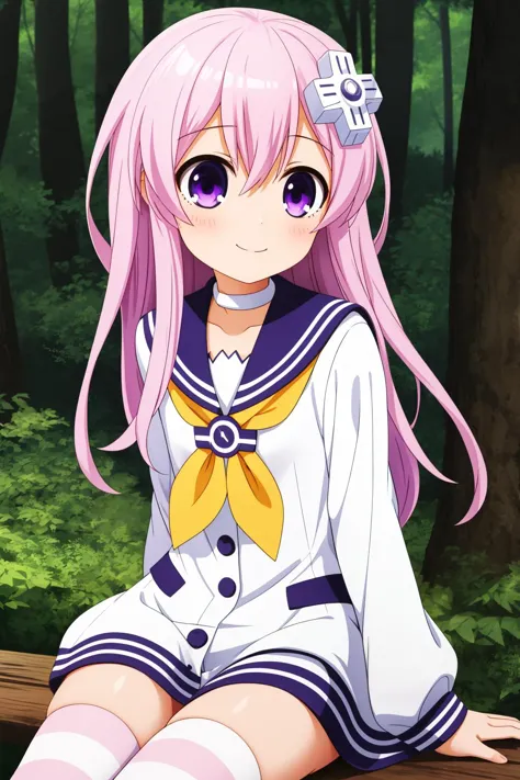 nepgear, 1girl, solo, purple eyes, pink hair, long hair, bangs, hair between eyes, sidelocks, d-pad hair ornament, 
sailor dress, sailor collar, striped thighhighs, long sleeves, white choker, white dress, yellow neckerchief, 
smile,closed mouth,cowboy shot,sitting,
forest,outdoor,
(insanely detailed, beautiful detailed face, masterpiece, best quality) cinematic lighting,<lora:Nepgear_v1:1>, <lora:more_details:0.3>,