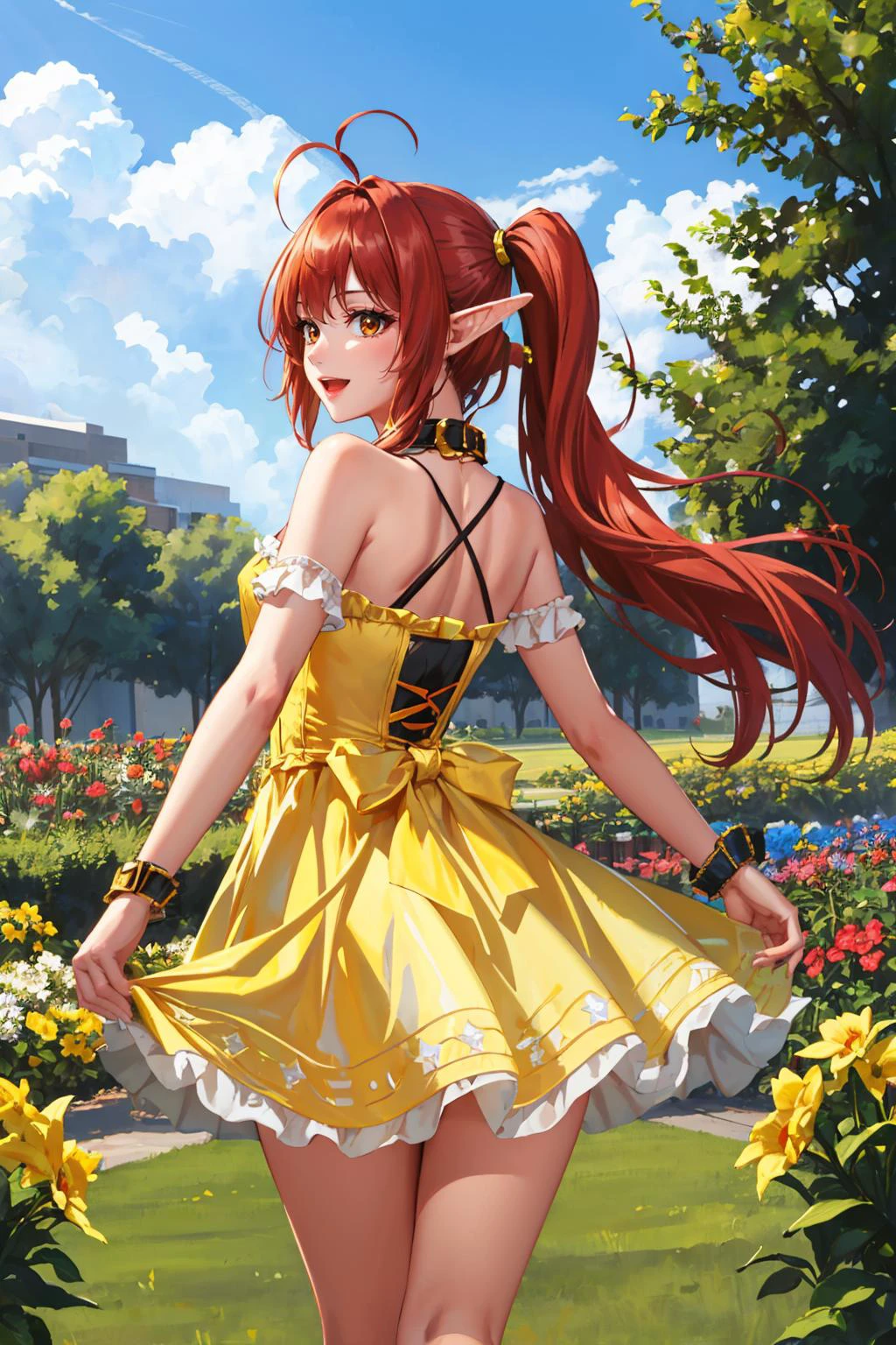 ผลงานชิ้นเอก, คุณภาพดีที่สุด,  dnfbattlemage, ทวินเทล, (sundress สีเหลือง:1.2), จากด้านหลัง, สวน, :ง, อาโฮเก,  edgYSง, woman wearing a sundress สีเหลือง