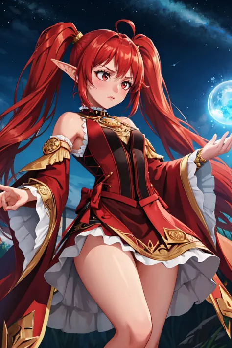 masterpiece, best quality,  <lora:dnfbattlemage-nvwls-v1-000009:0.9> dnfbattlemage, twintails, black and red dress, detached sle...