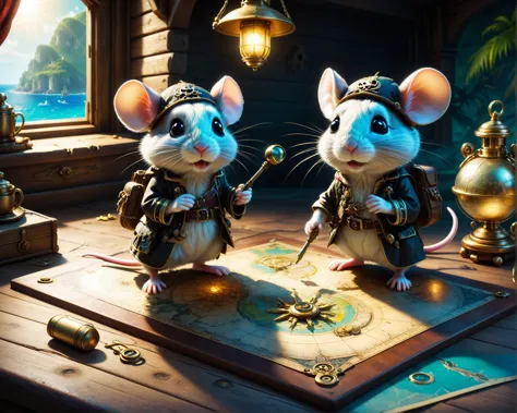 two mice dressed in medieval clothing are standing on a map