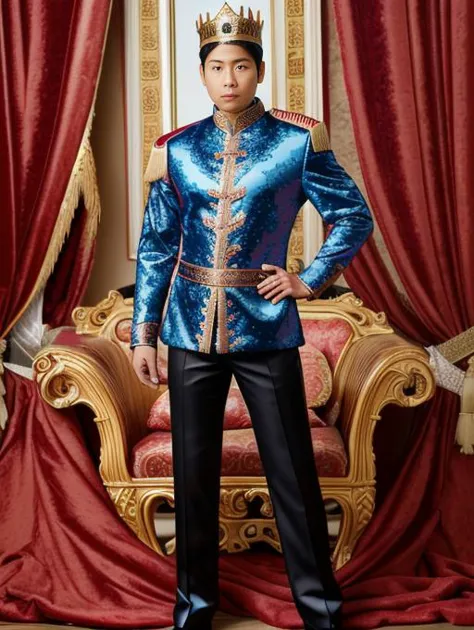 a man in a blue suit and a crown standing in front of a red curtain