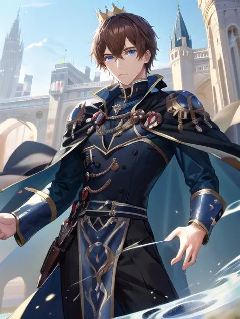 a man in a blue suit and a crown standing in front of a castle