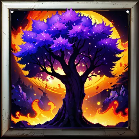 a painting of a tree with purple leaves and a yellow moon