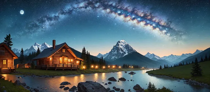 masterpiece, best quality, ultra-detailed, illustration, outdoors, night, mountains, large wooden cabin, nature, stars, moon, mo...