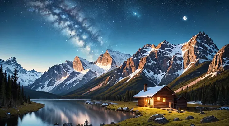 masterpiece, best quality, ultra-detailed, illustration, outdoors, night, mountains, one wooden cabin, nature, stars, moon, moun...