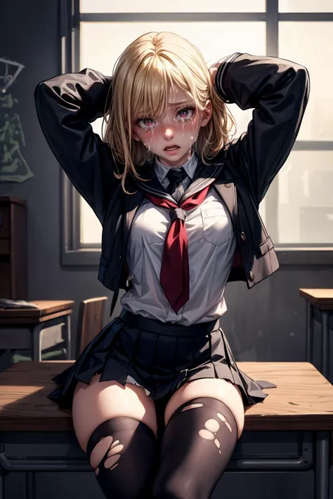 (masterpiece, best quality), 1girl, solo,sitting on a desk, beautiful face, blonde hair, torn clothes, torn legwear, dark , black thighhighs, moldy room, scared,crying, terrified face, itricate details, tied arms behind head, dark atmosphere, danger, 