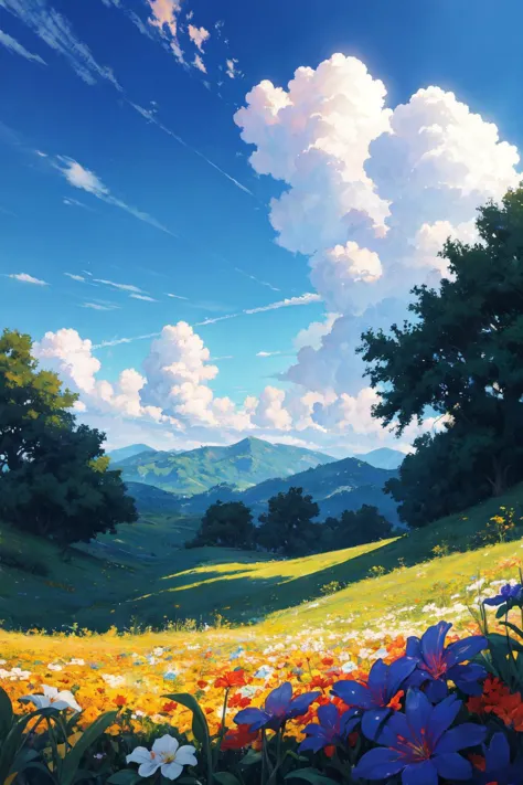 soft and warm color, movie still,bright, vivid,dreamy, evocative use of light and shadow, incredible beauty, anime style, vibrant, studio anime, beautiful, textural, ray tracing, absurdres, offical art, illustration, (((masterpiece))),(((best quality))),((ultra-detailed)), hayao miyazaki style, ((field, scenery, blue sky, clouds, relaxing anime scene))