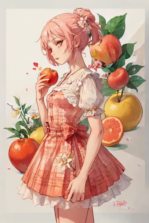 (1girl:1.5), design, text, neon_nouveau, flowers, swash, apple, pear, grapefruit, plaid