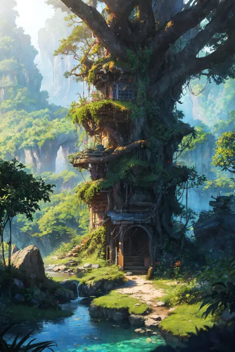 Anime-Stil, Schön, Struktur, Raytracing, absurdesten, offizielle Kunst, Illustration, (((Meisterwerk))),(((beste Qualität))),((ultra-detailliert)), Hayao Miyazaki-Stil, Natur, Dschungel, Landschaft