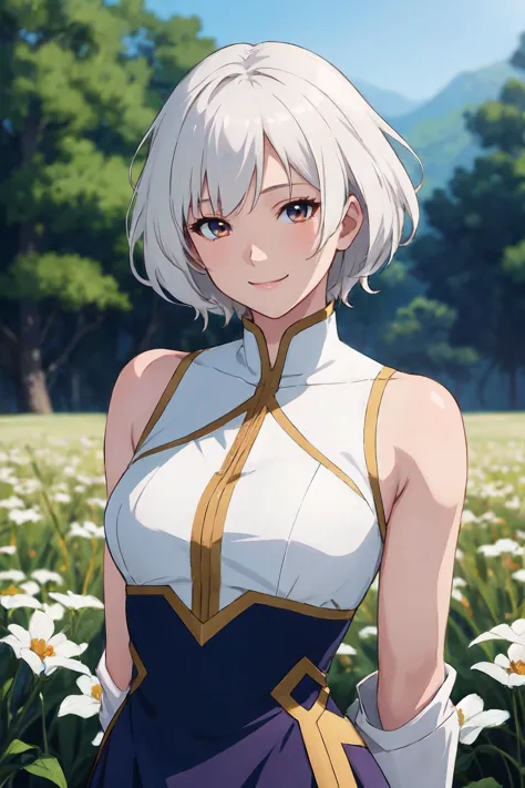 anime style, beautiful, textural, ray tracing, absurdres, offical art, illustration, (((masterpiece))),(((best quality))),((ultra-detailed)), hayao miyazaki style, field, nature, 1girl, aged_up, solo, mature female, dress, arms behind back, smile, upper-body, shaggy hair, white hair, short hair