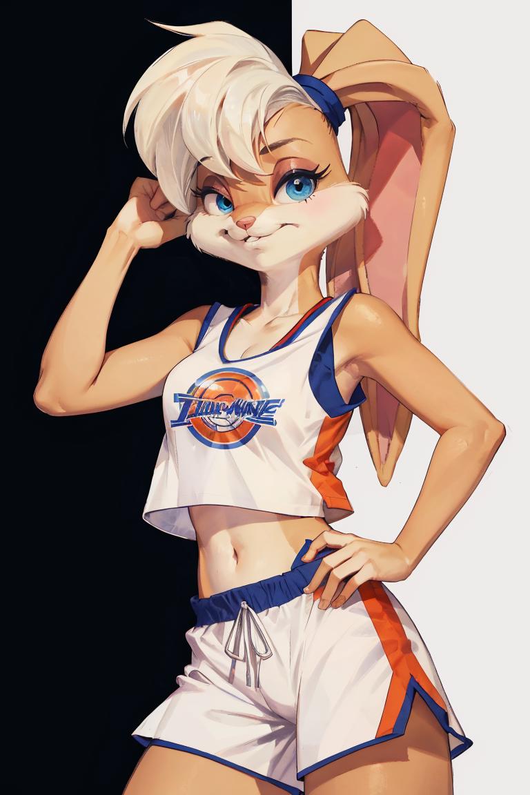 A cartoon bunny is standing in a basketball uniform with a basketball -  SeaArt AI