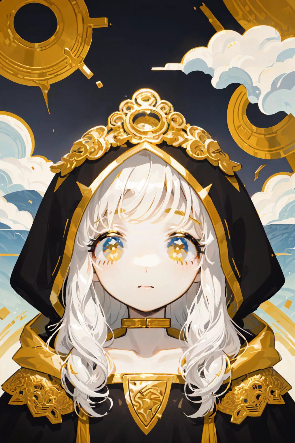 (best quality:1.2), oversized hood, hooded cloak, hood up, (a black cloak decorated with gold, golden ornament:1.2), (white hair), long hair, yellow eyes, black_tank_top, solo, eyelashes, eyeliner, (flat chest:1.2), (lustrous skin, glossy skin), (Gold Embroidery, intricate detail:1.1), (rocky mountain:1.2), rock, (cloud:1.2), (waterfall:1.2), (portrait:1.2),