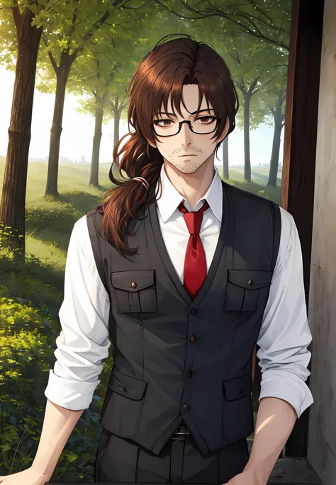 anime character with glasses and a red tie standing in a forest