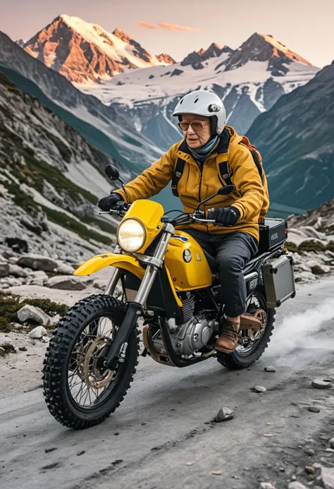 (medium full shot) of a yellow dual-sport motorbike, with spoke wheels wheels, racing seat seat, with a Bluetooth communicator,  ridden by a old woman in  an alpine trail with snow-capped peaks, glaciers, crisp air, during sunset, ,Masterpiece,best quality, photo, realistic, very aesthetic