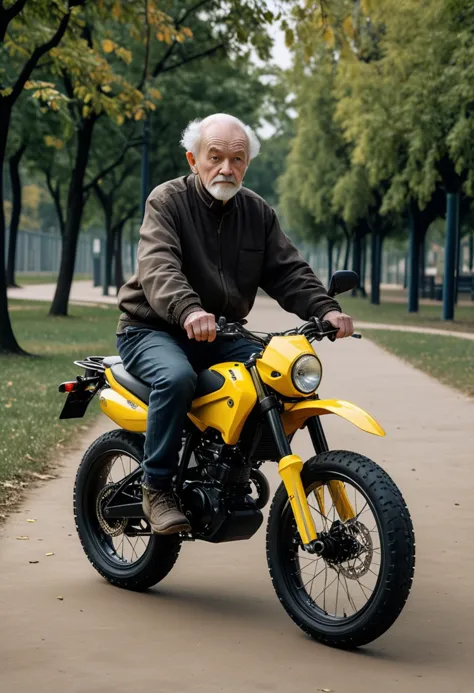 (medium full shot) of a yellow dual-sport motorbike, with carbon fiber wheels wheels, padded seat seat, equipped with a bike com...