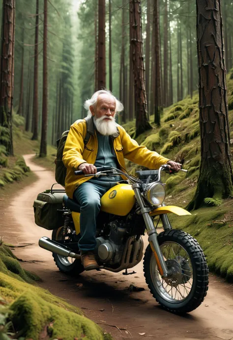 (medium full shot) of a yellow standard motorbike, with mag wheels wheels, ergonomic seat seat, with a Bluetooth communicator,  ridden by a old man in  a forested mountain path with tall pines, mossy ground, cool shade, ,Masterpiece,best quality, raw photo, realistic, very aesthetic