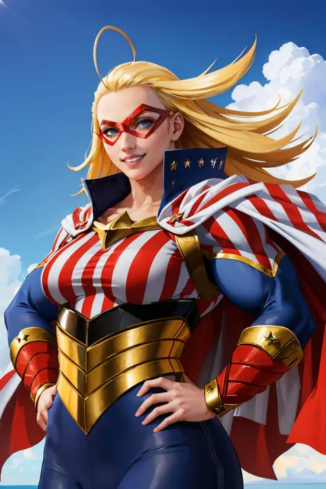 a woman in a patriotic outfit and cape standing on a beach