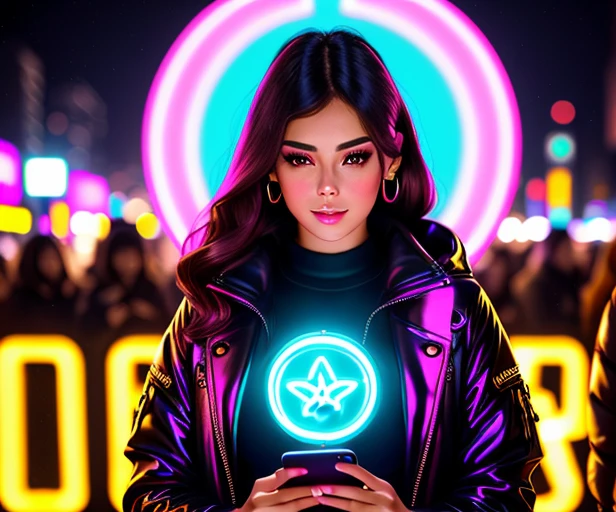 Masterpiece, 4K, HQ, Neon Babe, looking at the viewer, symmetric, centered, looking at her smartphone amidst a crowd