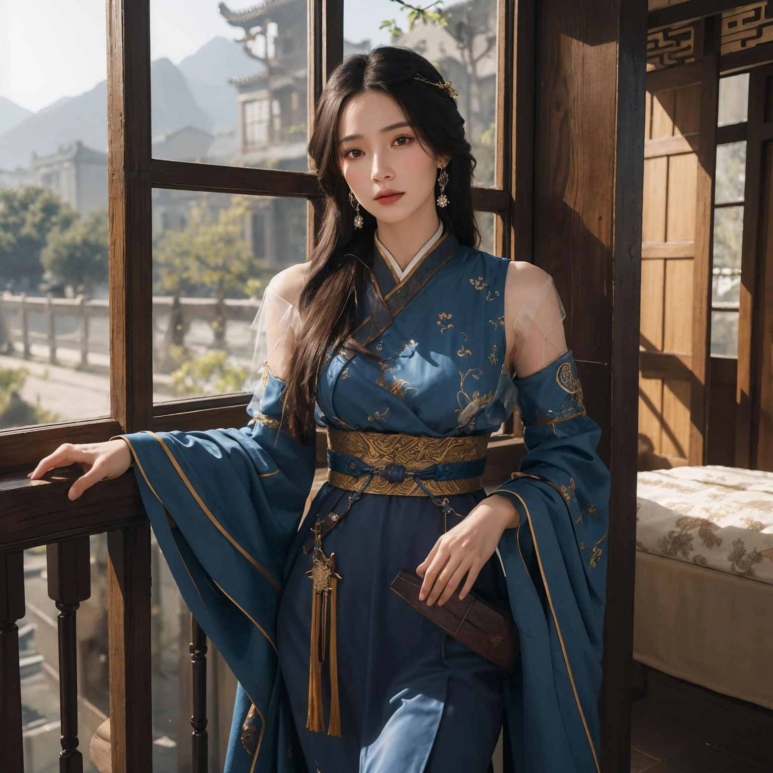 best quality,masterpiece,8k wallpaper,absurdres, highres, ultra detailed, (1 young beautiful girl, solo:1.1),realistic,hair ornament, black hair,cowboy shot, hair stick, chinese clothes, dress, looking at viewer, standing, brown eyes, sash, jewelry,realistic, blue dress,A fairytale land where magical creatures live and thrive,BREAK