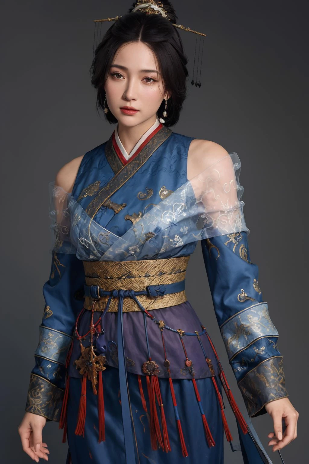 best quality,masterpiece,8k wallpaper,absurdres, highres, ultra detailed, (1 young beautiful girl, solo:1.1),realistic,hair ornament, black hair,cowboy shot, hair stick, chinese clothes, dress, looking at viewer, standing, brown eyes, sash, jewelry,realistic, blue dress.BREAK