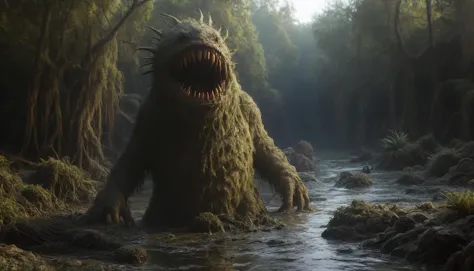 a large monster standing in a river surrounded by trees