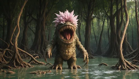 a close up of a monster with a flower on its head in a swamp