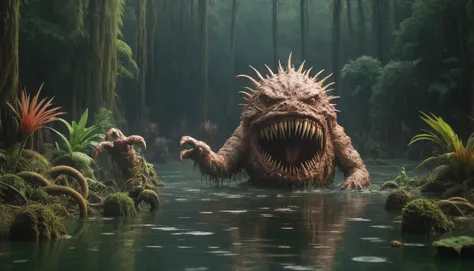 a close up of a monster in a body of water with trees in the background