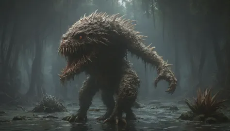 a monster with sharp teeth and sharp teeth standing in a swamp