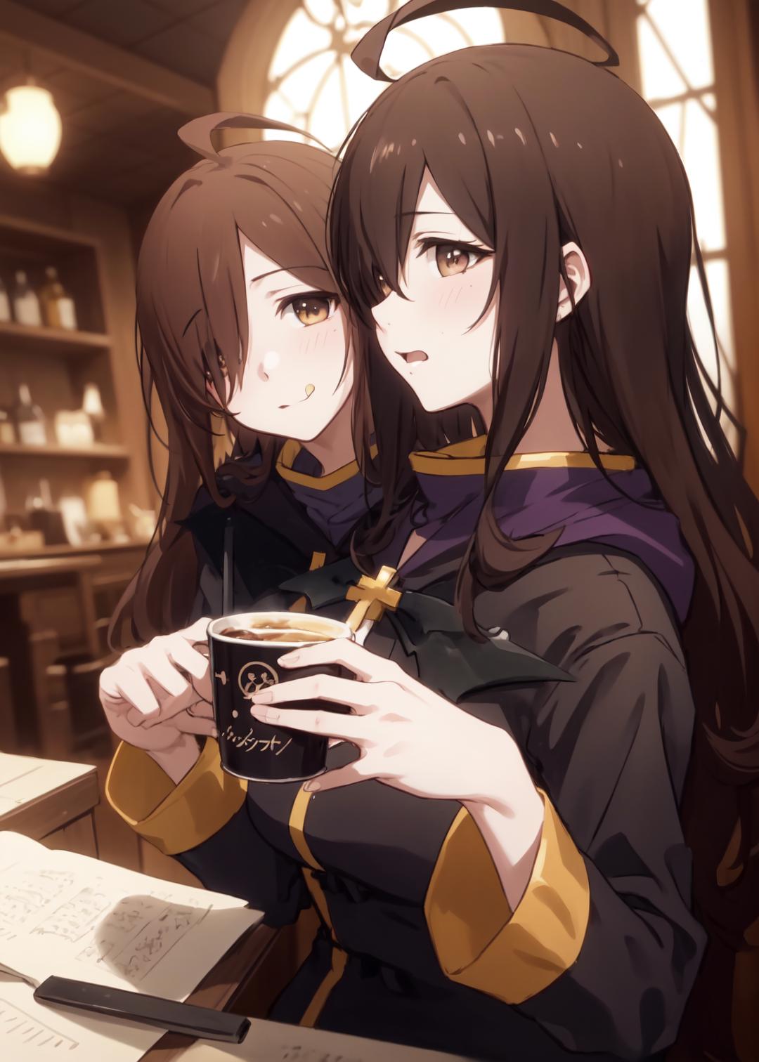 Two anime girls are sitting at a table with a cup of coffee - SeaArt AI