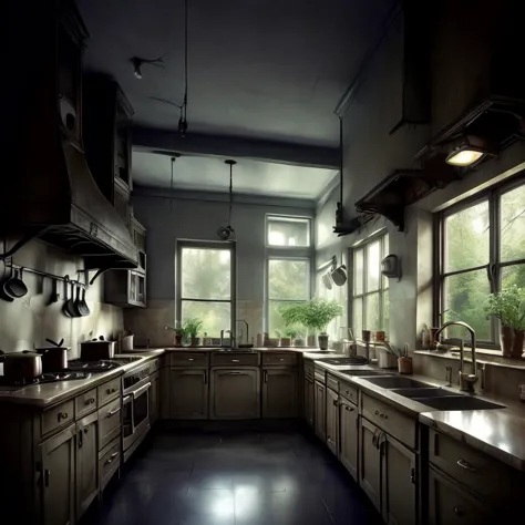 there is a kitchen with a lot of counter space and a window