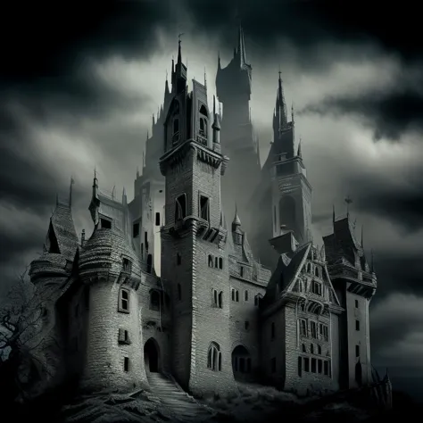 a close up of a castle with a dark sky background