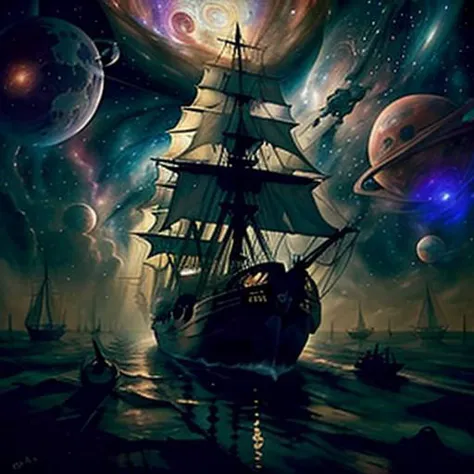 a sailing ship traverses an interdimensional canal across the void of space, DonMn1ghtm4re, style of Richard M Powers,