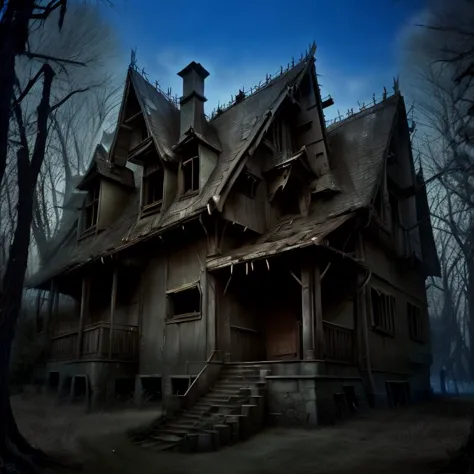 a close up of a creepy house with a staircase leading to it