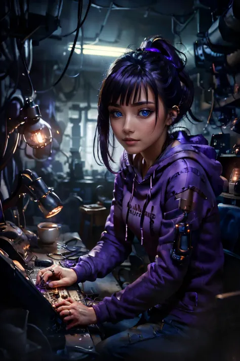 ultra detailed abstract close-up photography of a pale girl, sitting at a desk, silver ponytail with strands hair, (masterpiece), realistic, cinematic light, (remarkable detailed purple pupils:1.3), perfect anatomy,(solo:1.2),
small breasts, (hoody and pants:1.3),
BREAK a dark gloomy server room doing maintenance, (loose cables:1.2), (sparks:1.2), messy, (coffee mug:1.2),  (flickering screens:1.1), microphone, glowing keyboard,(nixie clock:1.2), nice hands, detailed hands,
luminism, 4k resolution, Soft Lighting, Photographic Realism, 3d rendering, octane rendering, full sharp,
 <lyco:DonMn1ghtm4re-000015:1.0>