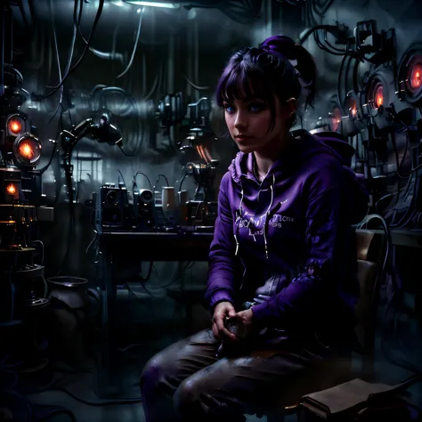 ultra detailed abstract close-up photography of a pale girl, sitting at a desk, silver ponytail with strands hair, (masterpiece), realistic, cinematic light, (remarkable detailed purple pupils:1.3), perfect anatomy,(solo:1.2),
small breasts, (hoody and pants:1.3),
BREAK a dark gloomy server room doing maintenance, (loose cables:1.2), (sparks:1.2), messy, (coffee mug:1.2),  (flickering screens:1.1), microphone, glowing keyboard,(nixie clock:1.2), nice hands, detailed hands,
luminism, 4k resolution, Soft Lighting, Photographic Realism, 3d rendering, octane rendering, full sharp,
<lora:M1y4-000017:1.0>, <lyco:DonMn1ghtm4re-000015:1.0>