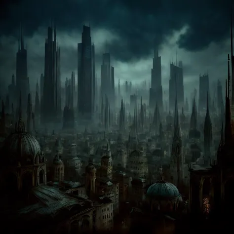 a dark city with a lot of tall buildings and a clock tower