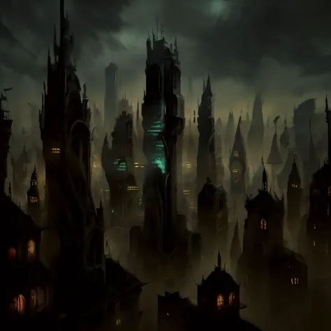 a dark city with a tower and a clock tower in the middle