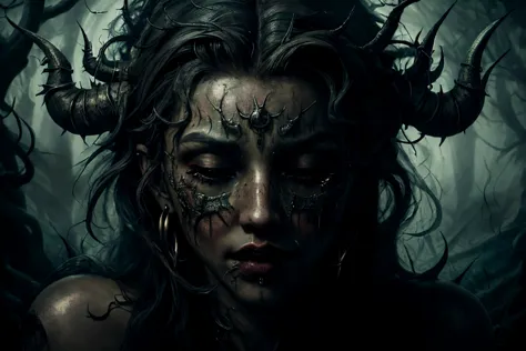 a close up of a woman with horns and makeup in a dark forest