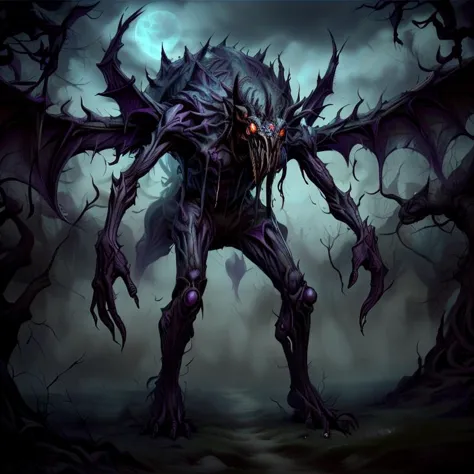 a dark demonic creature with red eyes standing in a dark forest