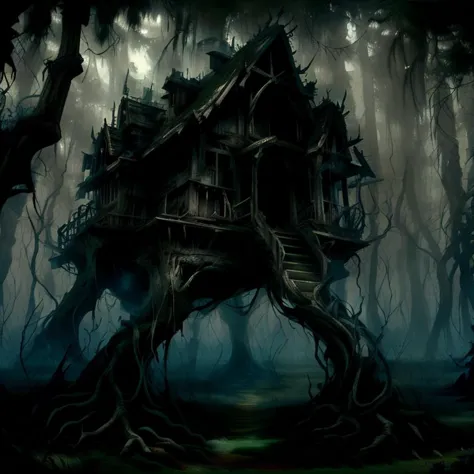 a tree house in the middle of a forest with a creepy look