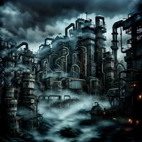 a close up of a city with a lot of pipes and smoke