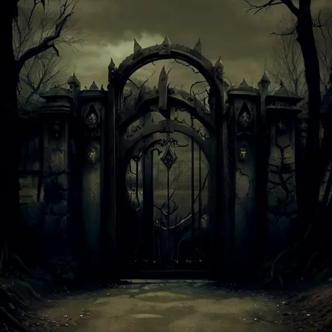 a dark and creepy gate with a clock on it