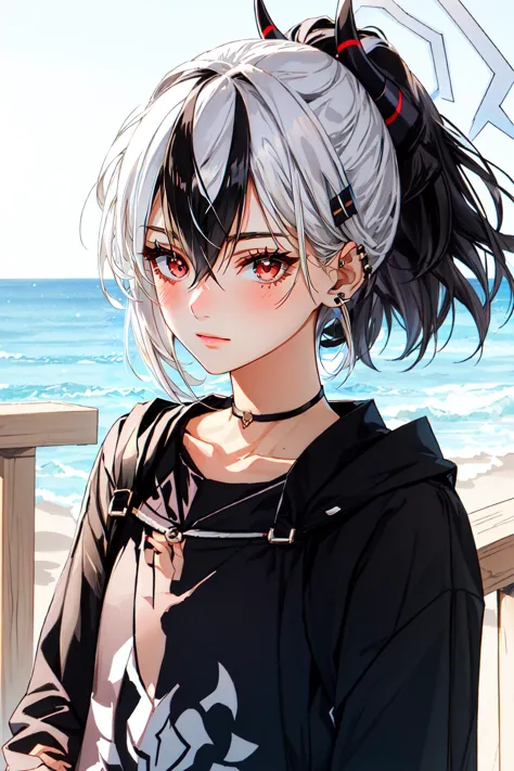 anime girl with black and white hair and a black hoodie