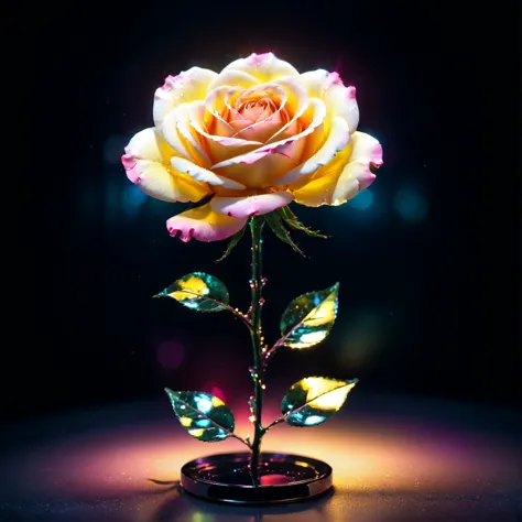 a beautiful shineglasscd_xl rose, neon lights,light particles,colorful,gradient,chromatic aberration, neon rose, long-focus,tilt...