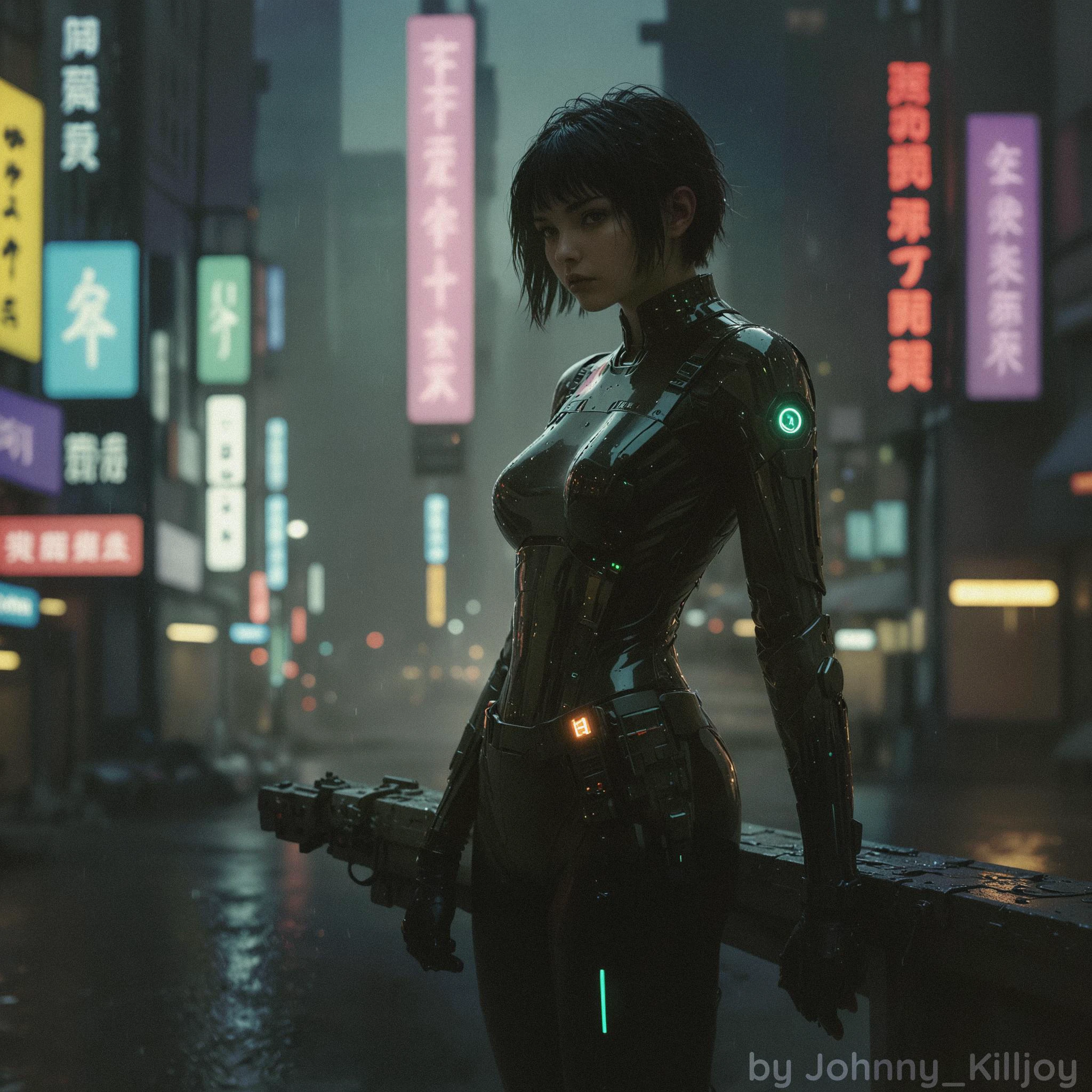 style de photographie d&#39;art, silhouette sous-exposée d&#39;une femme Cyberpunk, lumière environnementale, Coureur de lame / Inspiré de Ghost in the Shell, ultra détaillé, photoréaliste, néons, (jeune femme), corps mince, forme d&#39;Athlete, expression déterminée, (cheveux courts), (coupe de cheveux asymétrique futuriste), (ports d&#39;interface neuronale sur les tempes), (body moulant noir), ((motifs lumineux au néon sur le costume)), (plaques blindées), (gants sans doigts), (ceinture utilitaire avec gadgets de haute technologie), (tenant un fusil de chasse futuriste), (debout sur le rebord), (mégapole cyberpunk sombre et graveleuse en arrière-plan), gratte-ciel imposants, (publicités holographiques), (véhicules volants), (pluie), (enseignes au néon en japonais et en anglais), (des câbles et des fils partout), Moteur irréel, rendu d&#39;octane, 8k, Ultra-détaillé, photoréalisme, intégration de composition cinématographique:GlobalDétail, 