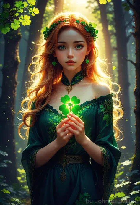 digital art, anime art, st.Patrick day poster, beautiful irish fairy woman holding green four leaf clover in hands, fabulous nig...